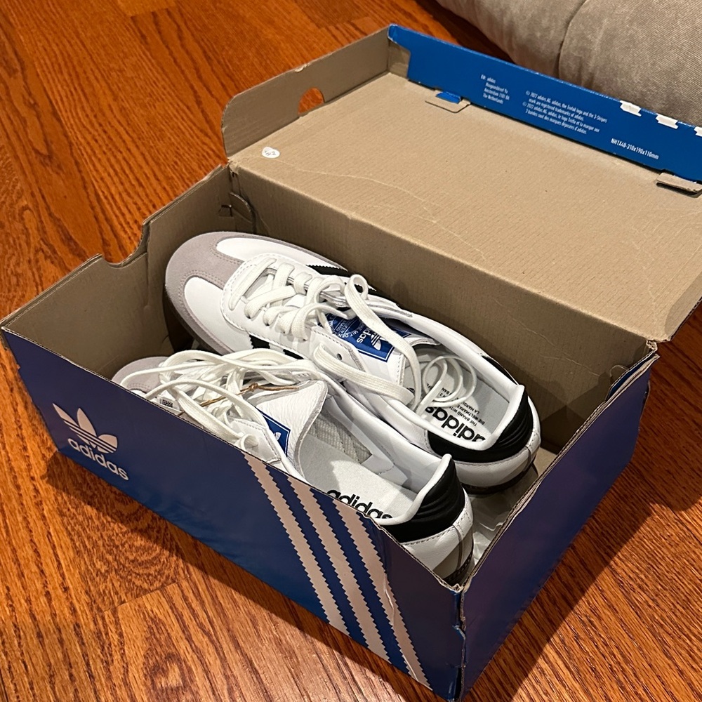 Adidas Kids White and Black Sneakers with Blue Highlights